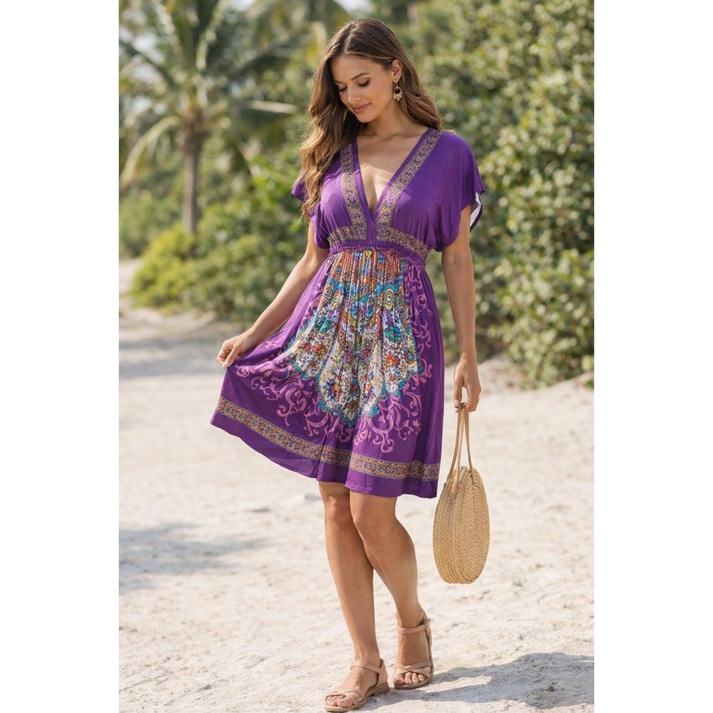 Yahada Purple Boho Dress Floral Print V Neck Empire Waist Flowy M